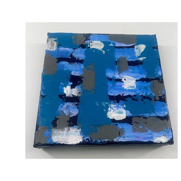 Handmade Acrylic Painting on Canvas Square Abstract Blue Gray 7.5"x8"x1.5" Art - Picture 1 of 12